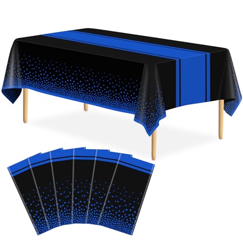 Image of 6 Pack Black and Blue Tablecloth Party Decorations Plastic Black Tablecloth Printed Blue Table Runner 54 x108 Inch Disposable Rectangle Table Cover for Birthday Wedding Graduation