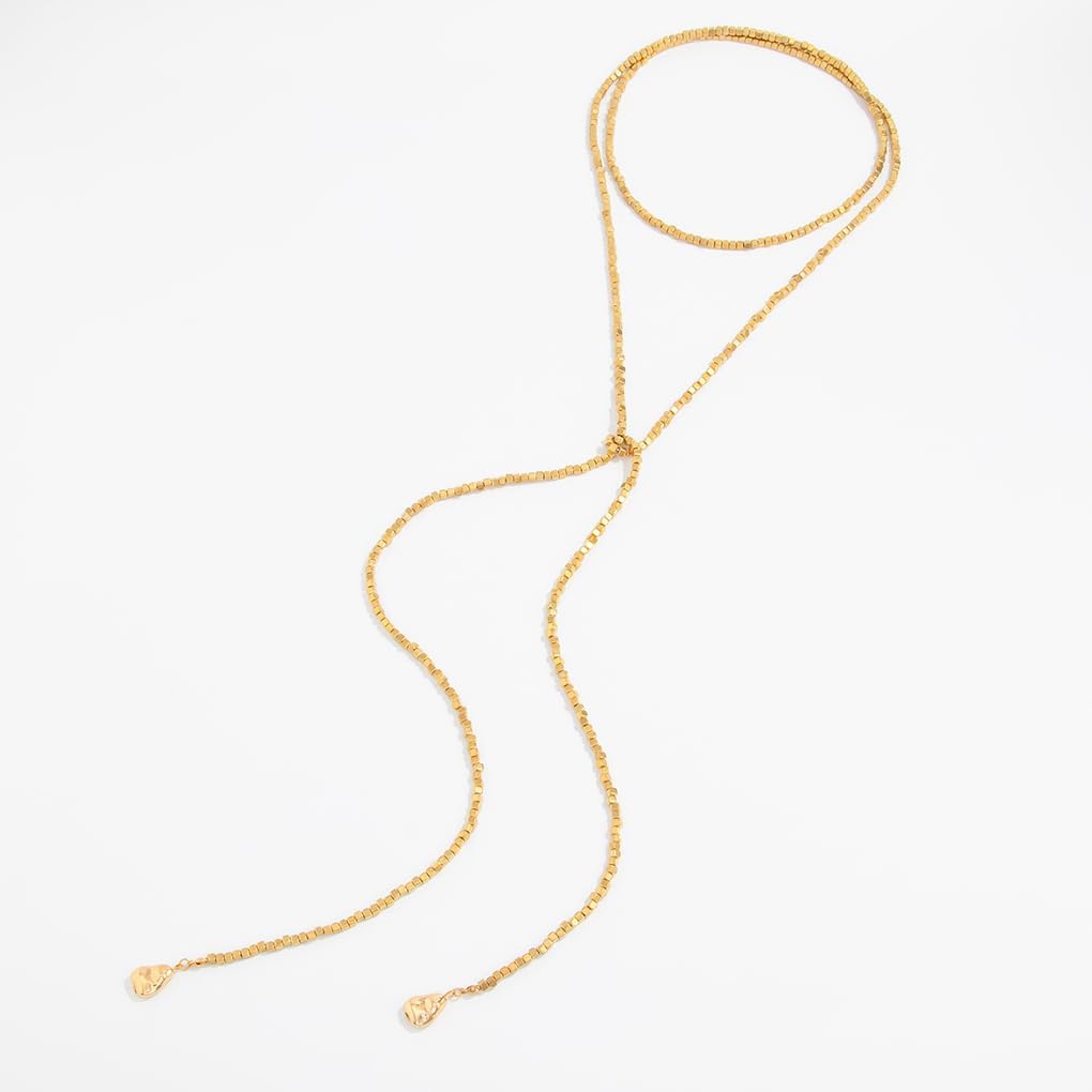 Gold Long Necklace for Women,Gold Beaded Long Chain Necklaces,Vintage Layered Pearl Strand Y Necklace Statement Jewelry