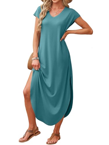 Image of RUMIA Summer Maxi Dresses for Women Cap Sleeve Long Sundress with Pockets