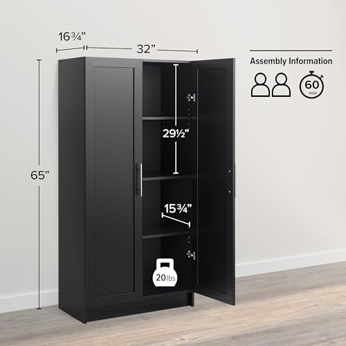 Prepac Elite Accent Cabinet with Panel Doors, Black Storage Cabinet, Bathroom Storage, Pantry with 3 Shelves 16.75" D x 32" W x 65" H - Thumbnail 3