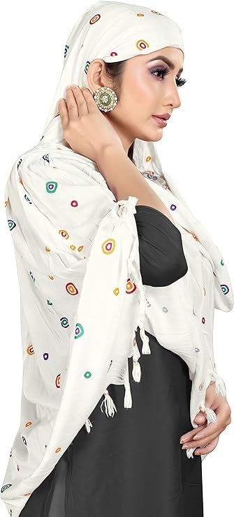 Image of Cotton Long Scarf Cum Mask Scarves Usable for Vehicle Driver | White Printed Design Fabric | Universal Size | Soft & Breathable Sun Protection | For Girl & Women