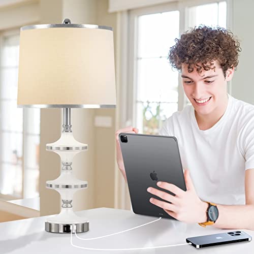 Kivditzo 27.5" Tall Table Lamps Set Of 2 With Usb Ports Touch Control Switch White Linen Fabric Shade With Silver Trim Bedside Lamp For Living Room Bedroom Home Office Dining Room(Led Bulb Included) #TOP5