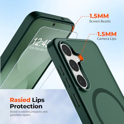 Image of SUPFINE Magnetic for Samsung Galaxy S25 FE Case with Screen Protector, (Built-in Magnets) (Military Grade Drop Protection) Slim Translucent Shockproof Phone Case,Forest Green