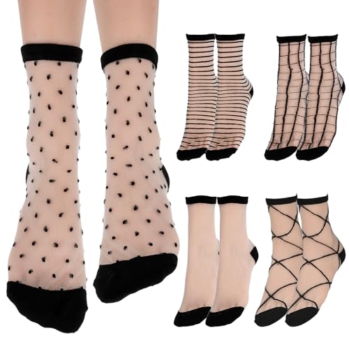 Image of Lusofie 5 Pairs Sheer Black See-Through Socks - Checkered Dot Striped Plaid Ankle Summer Socks for Women - Thin Fashion