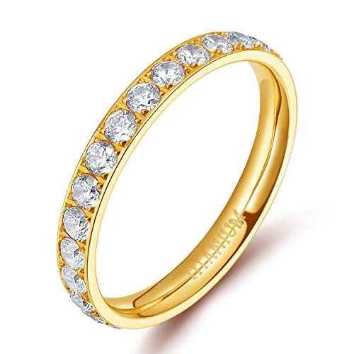 TIGRADE 3mm Women Titanium Engagement Ring Cubic Zirconia Eternity Wedding Band Size 3 to 13.5, Gold, Size 8.5