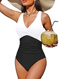 Holipick Black and White Women Tummy Control One Piece Swimsuit - Push Up Bathing Suit Full Coverage Slimming Swimwear L