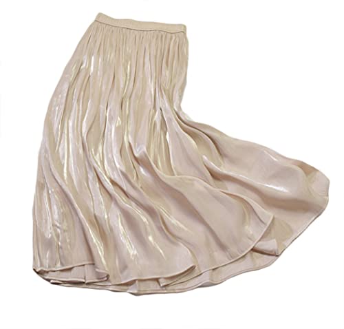 CHARTOU Womens Silky Lustrous Elastic Waist Pleated Accordion Midi Long Skirts