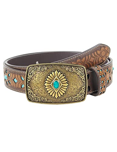Topacc Western Belts For Women Turquoise Buckle Cowgirl Concho Bohemian Tooled Leather Belt For Jeans Pants Brown #TOP18