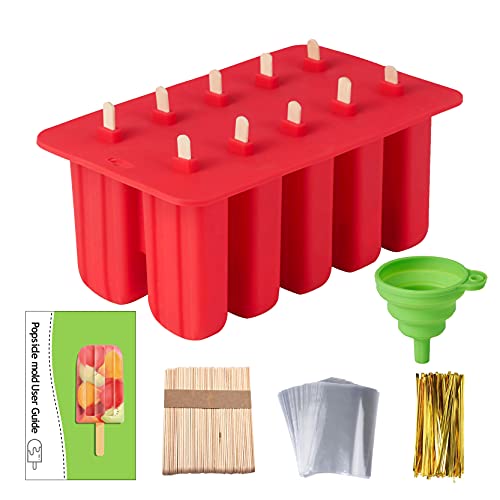 Value Freezer Pop Molds Silicone Ice Cream Mold Bpa Free Holiday Gift with Box 50 Popsicle Sticks 50 Popsicle Bags and 1pc Funnel 10 Cavities (Red)
