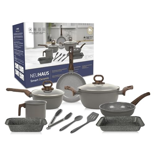NEUHAUS JOGO DE PANELAS 10 PEÇAS SMART CERAMIC - CORPO COM REVESTIMENTO CERÂMICO ANTIADERENTE COM ACABAMENTO COFFEE, BASE COMPATÍVEL COM INDUÇÃO