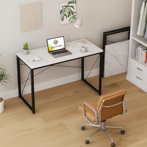 Image of STOREDGE Folding Study Desk | 8-Second Foldable Computer Table for Home & Office | Space-Saving Work from Home Desk | Strong Metal Frame & Wood Brak Top | 37 inch x 19 inch /50 KGs Capacity (White Marble)