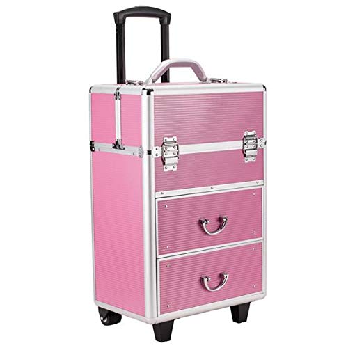Flulep 4 Tier Lockable Cosmetic Makeup Train Case with Extendable Trays Pink