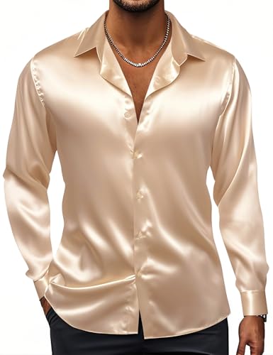 Hi-Tie Satin Mens Dress Shirts Long Sleeve Formal Shirts for Men Button Down Regular Fit Party Wedding
