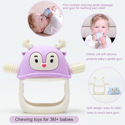 Image of Reindeer Organic Baby Toys 0-6Months, Mitten for 3-6Months, Easy to Hold Stem with Chewing Nubs for Teething Pain Relief for 6-12Months Babies, (Light Purple)