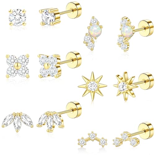 TOBENY Flat Back Earrings for Women Hypoallergenic Surgical Steel Stud Earrings Stacks for Sensitive Ears Small 6 Pairs 14K Gold Plated Tragus Cartilage Helix Piercing Jewelry for Multiple Piercing