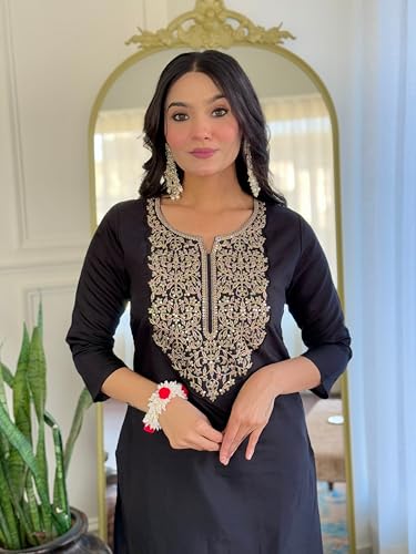 Image of Naixa Women's Viscose Embroidered Straight Kurta with Pant and Dupatta Sets (Available in Plus Size) (NX-674)