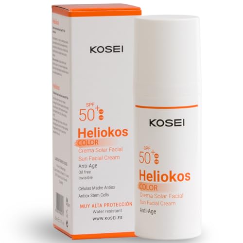KOSEI | HELIOKOS Crema Protector solar facial 50 con Color | Protección UVA/UVB y Células Madre de Uva | Crema Solar Cara con Color | Contiene Vitamina E | Previene de las Quemaduras y Enrojecimiento
