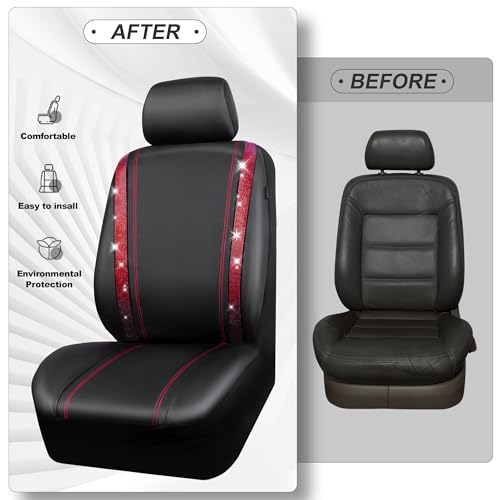 Image of CAR PASS Leather Bling Diamond Car Seat Covers 2 Front Interior Sets, Waterproof Universal Shining Glitter Crystal Sparkle Fit for 95% Automotive Truck SUV Cute Women Girl, Black Red Rhinestone
