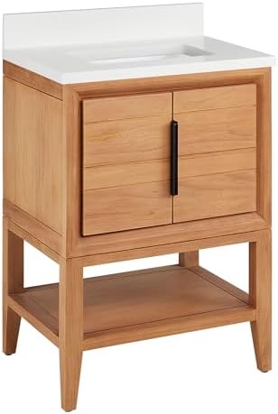 Signature Hardware 955226-24-rumb Aliso 24" Console Teak Single Basin Vanity Set with Cabinet, Vanity Top, and Rectangular Undermount Sink - No Faucet Holes - Natural Teak/Arctic White