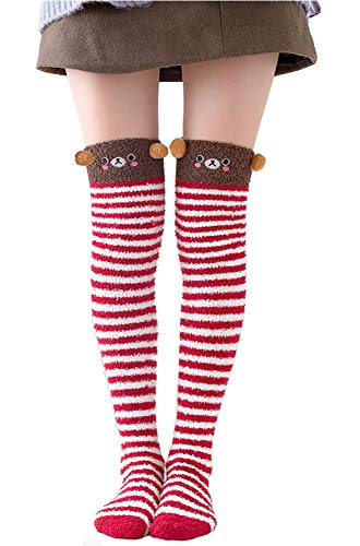 Image of Hotmiss Womens Thigh High Fuzzy Socks Cute Over the Knee Stockings Winter Warm Stripe Leg Warmers