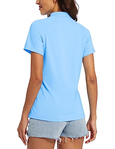 Magcomsen Women's Golf Polo Shirts V-Neck Upf 50+ Casual T-Shirts Quick Dry Short Sleeve Collarless Shirts Blue M #TOP3
