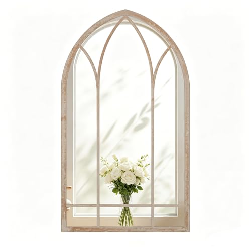 Image of RELAX4LIFE Garden Outdoor Window Mirror, Distressed Gothic Arch Mirror with Hanging Hooks, Gothic Style Effect Glass Mirror for Hallway Living Room Bedroom Entryway (83x48cm)