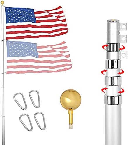 YDisplay Flag Poles for Outside In Ground 20ft Telescoping Flagpole Heavy Duty 16 Gauge Aluminum with 3x5 American Flag, Golden Top Ball and Clips for Yard Patio Garden- Can Fly 2 Flags