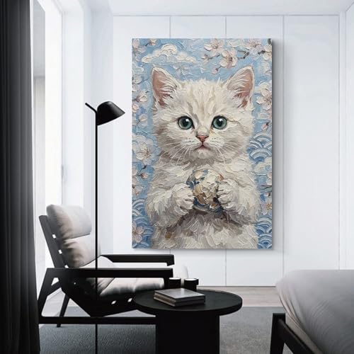 Impressions sur toile chaton blanc et balle sinyumoney 50x75cm pour décoration murale