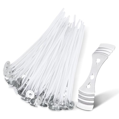 Candle Wicks Candle Wick for Making Candles 50 Pcs 10cm Long Pre-Waxed with Metal Tabs Includes Stainless 3 Hole Wick Holder Low Smoke and Longer Burning Time Perfect for DIY Candles