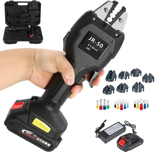 Pinza crimpatrice per capicorda elettrici, 16 KN, alimentazione a batteria, con 7 stampi per connettori preisolati, tubolari, non isolati, 1 batteria inclusa