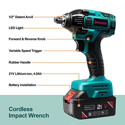 Kinswood Lithium-Ion 2Pc Batterie Rechargeable Cordless Brushless Motor Lithium-Ion Power Impact Wrench Driver Kit 1/2" 21V, Fast Charger #TOP1