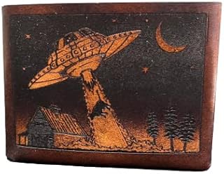 UFO Wallet, alien abduction leather wallet, Extraterrestrial cow abduction unidentified flying object Wallet, 3D Genuine Leather Wallet, Hand Carved, Leather Carving, Biker Wallet, Carving Wallet