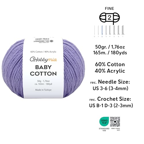 Image of Baby Cotton Blend Yarn - Soft Sport Weight Yarn for Crochet & Amigurumi - 50g /180yds - 60% Cotton 40% Acrylic - Ideal for Baby & Knitting Proj.(Lilac, 1 Ball)