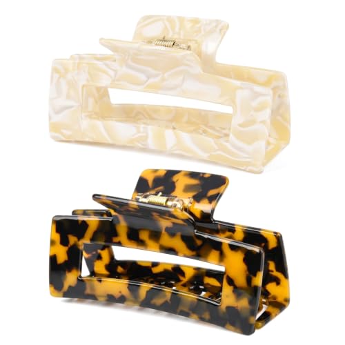 2Pcs Large Acetate Hair Claw Clip for Women Square Hair Clips Tortoise Shell Cute Hair Clips for Thick Hair