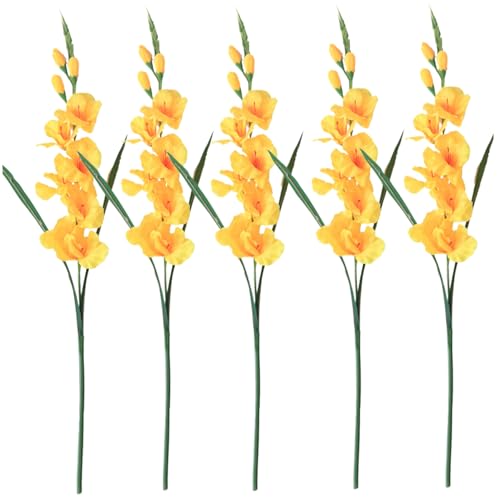 Licsaliwe Fleurs artificielles de glaïeuls, 5pcs Tige réaliste Fausse glaïeul, 25, 6 Longues Fleurs décoratives Jaunes pour décoration de Mariage à la...