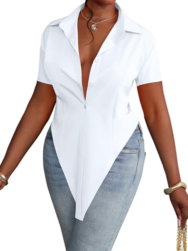 LYANER Women's Collar V Neck Button Front Short Sleeve Slit Hem Long Shirt Blouse Top