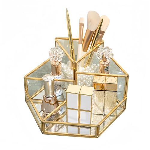 SLHEQING Organizzatore di trucco, Porta trucchi in oro, Vetro Porta Pennelli Trucco, Contenitori per Cosmetici