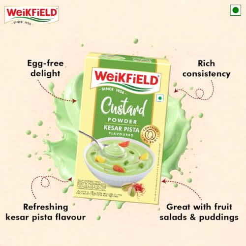 Image of Weikfield Custard Powder | Kesar Pista Flavour | Makes Smooth & Creamy Custard | Contains Quality Ingredients | Best For Fruit Salads & Puddings | 100% Vegetarian | 75g Carton