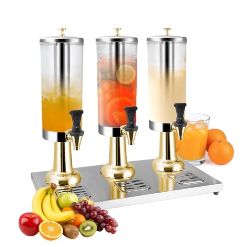 WELKOR Hot and Cold Beverage Dispenser with Stand, 2.38 Gallon All-in-One Commercial Drink Dispenser with Ice Core&Stainless Steel Drip Trays for Parties, Beer Bar, Coffee (3 Head-2.38 GAL, GOLD) by WELKOR - Used condition - US$127.99