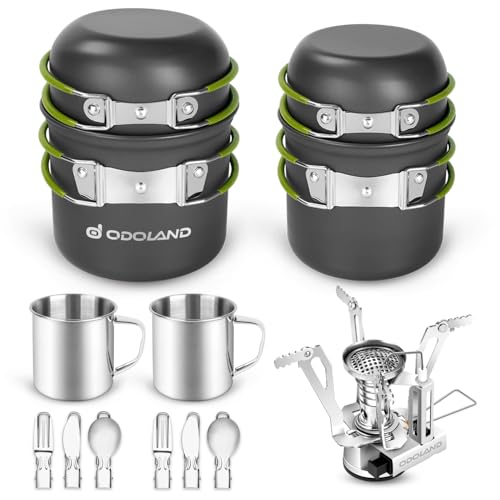 Odoland Kit de Casseroles Camping, 10PCS Ustensiles de Cuisine de Camping en Aluminium Durable, Camping Ustensiles Complets avec Réchaud de Camping P