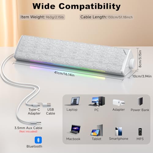 SOULION R60 White PC Speakers Bluetooth 5.3 Soundbar for Desktop Computer, Laptop, Gaming, Monitor, with 5 LED Lighting Effects, USB Powered with USB-A to C Adapter, with 3.5mm Aux Jack - Image 5