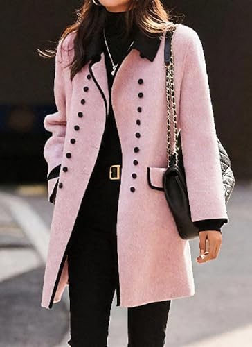 Women's Pink Solid Coats Double Breasted Midi Peacoat Thick Walker Trench match Flap Pockets Loose 2025 Fall2
