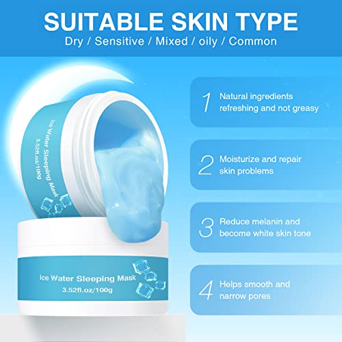 Moisturizer Ice Water Sleeping Mask,Hydrating Overnight Face Mask,Beauty Hydra Moist Ice Water Sleeping Mask Cream,Wash-Free Hydramoist Ice Water Overnight Sleeping Facia Mask For All Skin Type (2Pcs) #TOP4