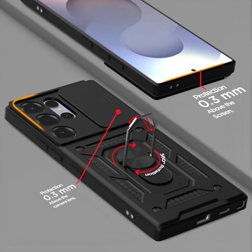 Image of Pikkme Back Cover for Samsung Galaxy S25 Ultra 5G | 360 Protection Case | Sliding Camera Shield Cover & Ring Holder Stand D10 Tough Armor Bumper Case (Black)