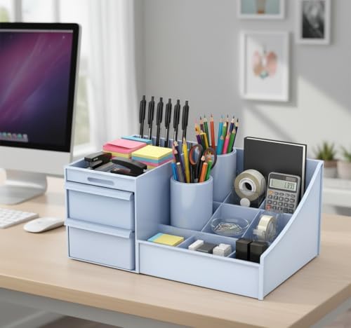 Image of ROKTRY Multi-Functional Desk Organizer for Office & Home - All-in-One Stationery Stand with 2 Drawers, Pen Holders,Premium Space-Saving Desktop Storage Box for Students,Gifting (Sky Blue)