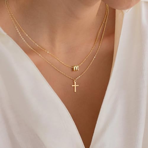 Turandoss Cross Necklace for Women Trendy - Gold Initial Letter Necklaces for Women, Personalized Layered Tiny Cross Necklace Jewelry Gifts, Dainty 14k Gold Plated Necklaces Jewelry Gifts for Her2