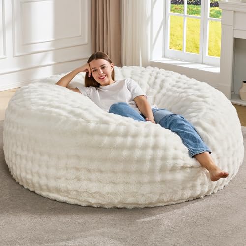 Hobestluk Bean Bag Chairs 5ft Beanbag Chair with Filler Adult Bean Bags with Fluffy & Machine Washable Cover, Giant Bean Bag Chairs for Adults (White, 5FT-50' x 50' x 24')