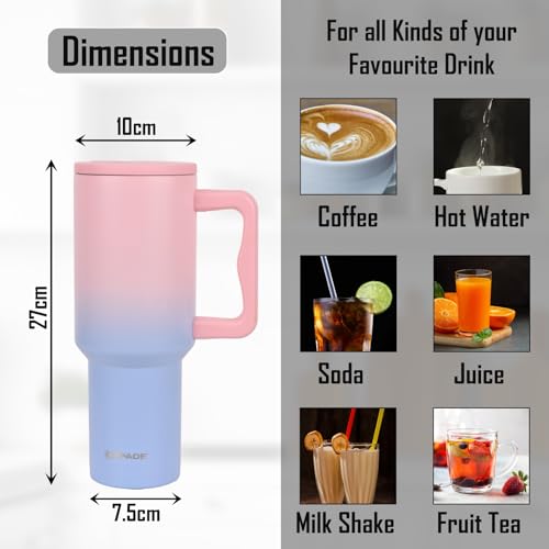 Image of 1200ml Stainless Steel Tumbler Water Bottle with Handle, Straw | Double Insulated Hot & Cold Leak-Proof Sipper Bottle for Coffee, Travel, Gym, Office & Home (Pink)
