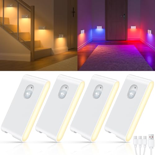 WILLED Stair Lights Indoor RGB & Warm White Rechargeable Motion Sensor Night Light Wireless Motion Sensor Lights Indoor for Stair Bathroom Hallway Kitchen Closet Cabinet Bedroom Kids Room