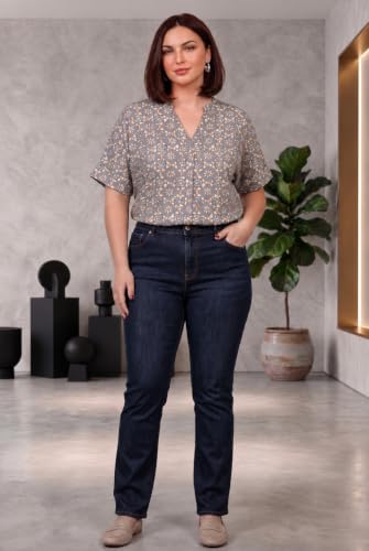 Image of SINDOORI Relaxed Fit Tops for Women Plus Size Solid Printed Mandarin Collar, Band Collar, V-Neck Top, Half Sleeve Loose Fit